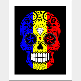 Romanian Flag Sugar Skull with Roses Posters and Art